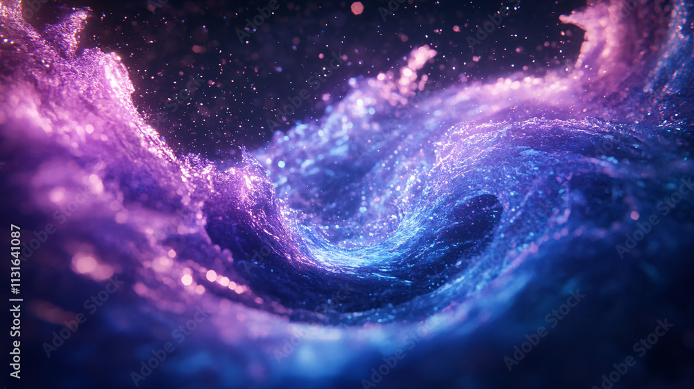 Fototapeta premium Pulsating wave of electric blue and purple light, surrounded by shimmering particles, evoking futuristic energy and flow. 