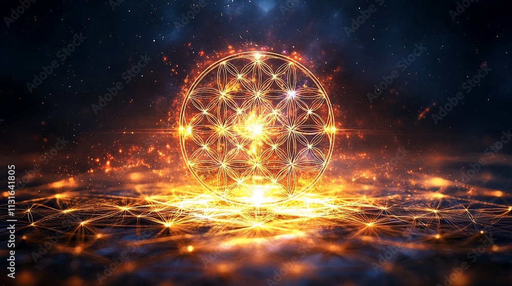 Fototapeta premium Fiery Flower of Life symbol glowing on dark background.