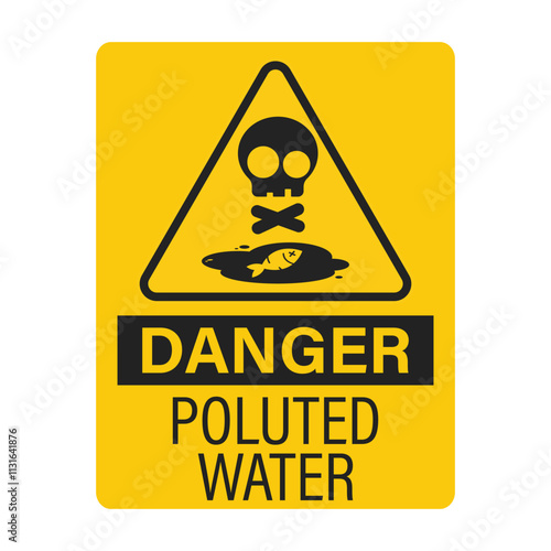 Isolated label sign dangerous environment, with dead fish, plant, tree on polluted water area