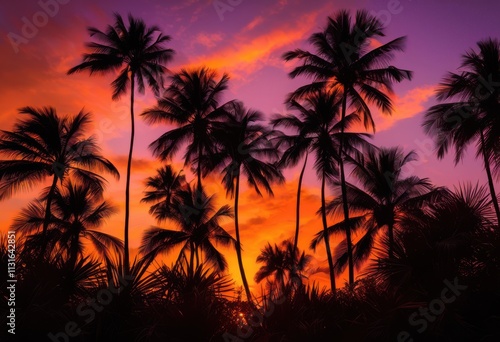 vibrant silhouettes palm fronds stunning sunset sky warm hues radiant colorful gradients, light, shadow, nature, tree, plant, tropical, landscape, glow