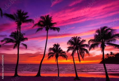 vibrant palm trees silhouetted stunning sunset sky breathtaking colors contrast, cloud, gradient, horizon, nature, landscape, evening, light, reflection