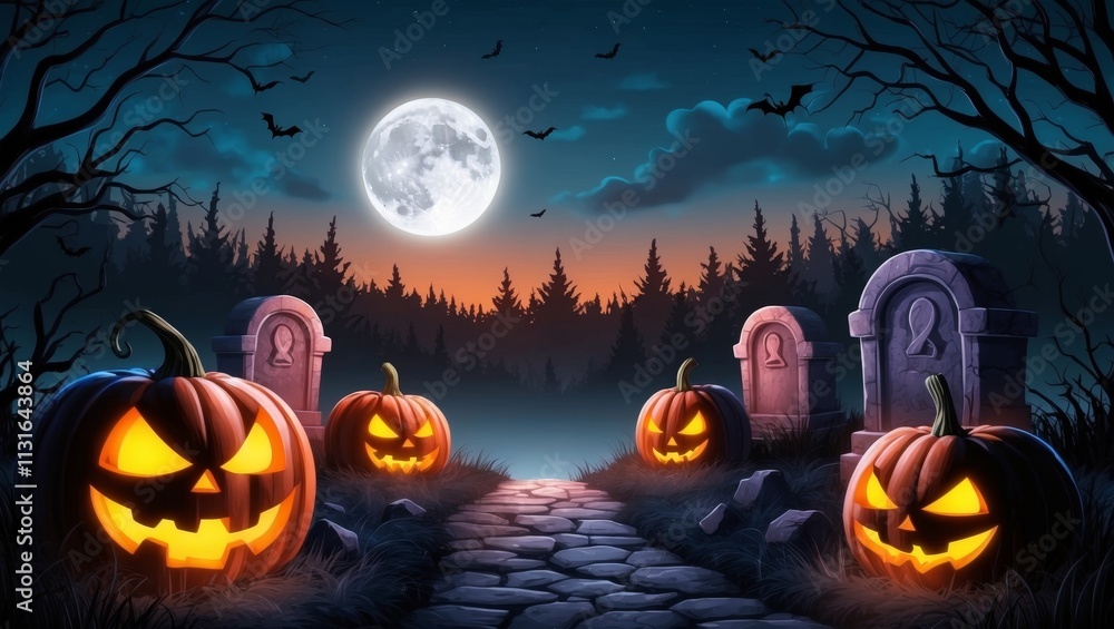 Fototapeta premium Spooky halloween night with glowing evil pumpkins