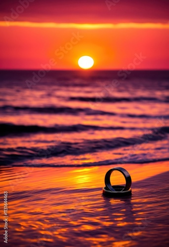 stunning romantic beach sunset featuring silhouettes two intertwined rings vibrant coastal horizon, twilight, sky, clouds, water, reflection, orange, pink