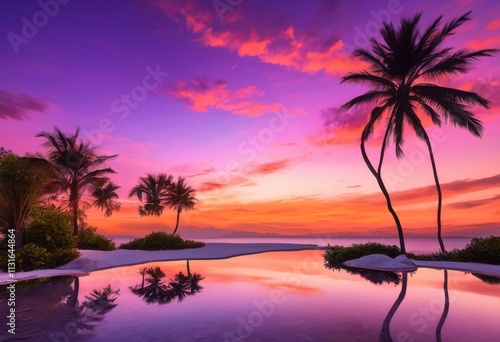 tranquil palm tree oasis sunset minimalist design showcasing vibrant sky natural elements, edging, beach, silhouette, horizon, water, reflection, golden, hues