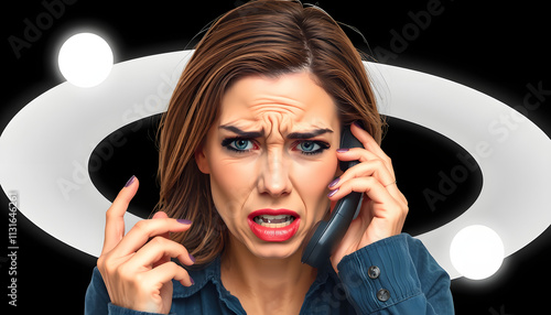 Stressed female has an unpleasant phone conversation isolated with white highlights, png