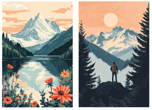 Aus dem Set: Vintage Travel Poster, Landschaften, flat vektor Grafiken 