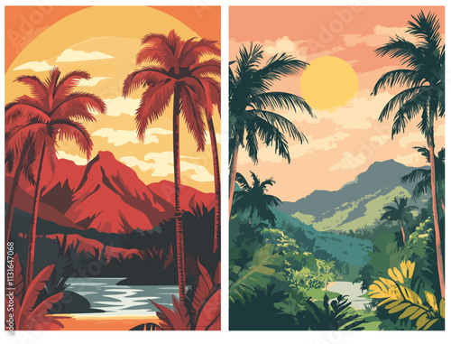 Aus dem Set: Vintage Travel Poster, Landschaften, flat vektor Grafiken 