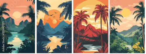 Aus dem Set: Vintage Travel Poster, Landschaften, flat vektor Grafiken 
