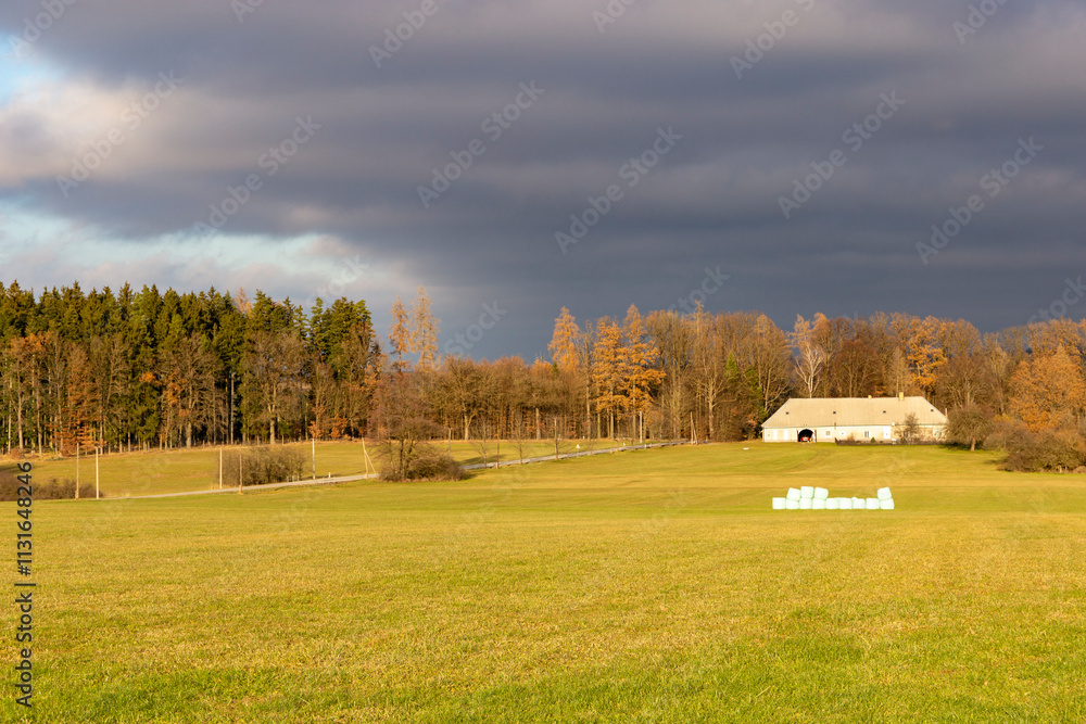 A countryside house at the edge of a field on an autumn evening.