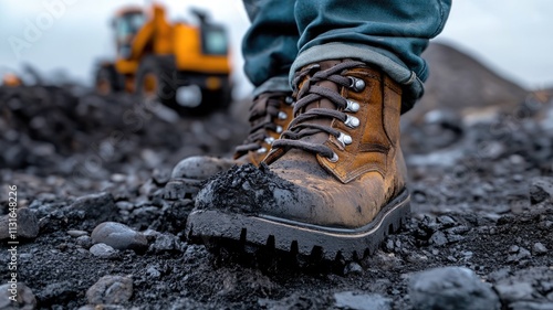 Close-up of muddy brown work boots in rocky outdoor setting