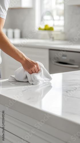 Professional cleaner wiping down sparkling kitchen countertops for pristine home maintenance photo