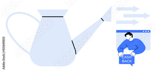 Watering can pouring into a cash-back reward, symbolizing investment and financial growth. Ideal for finance, investments, rewards, savings, and cash flow management concepts. Minimalistic vector