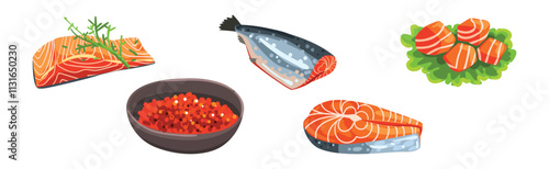 Salmon Fish Slab and Fillet with Red Flesh Vector Set