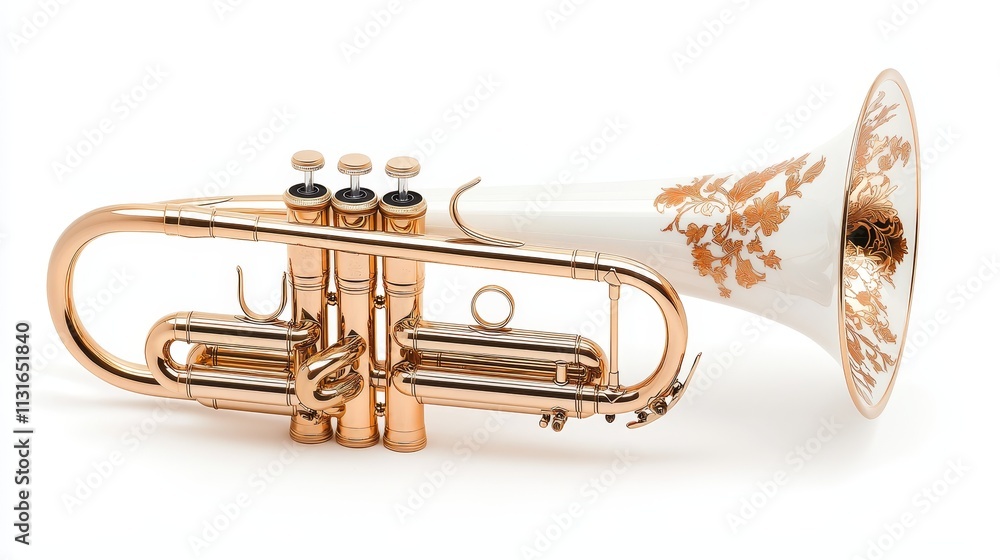 Fototapeta premium Artistic trumpet with floral engravings, a soft golden hue, and gleaming metallic highlights, perfectly centered on white isolate