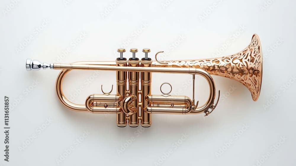 Fototapeta premium Artistic trumpet with floral engravings, a soft golden hue, and gleaming metallic highlights, perfectly centered on white isolate