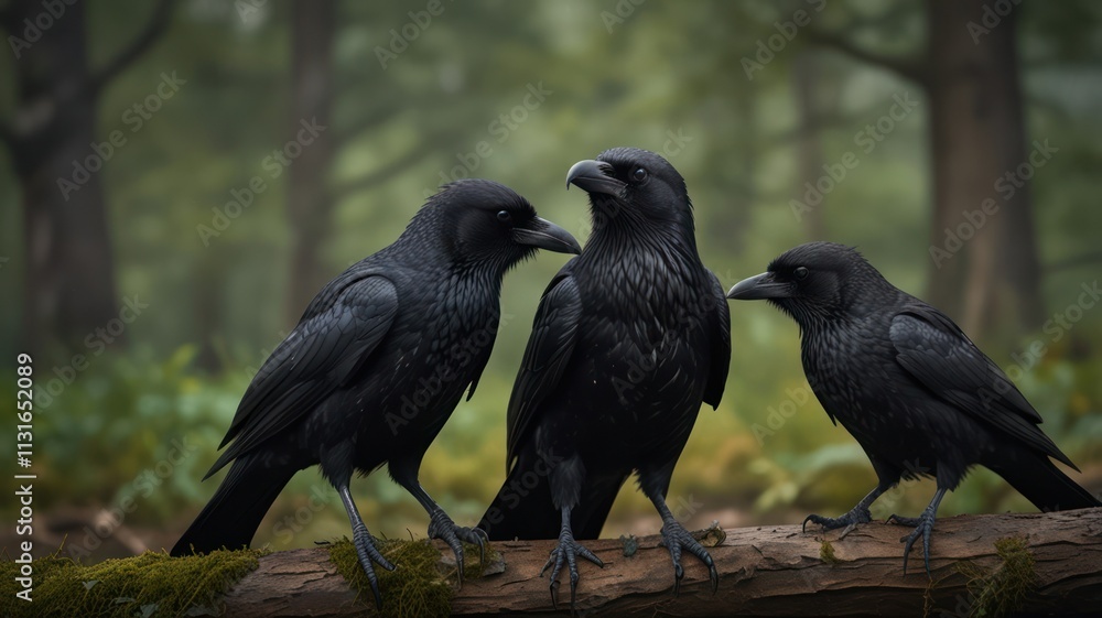 Fototapeta premium Three black crows perched on a mossy log in a misty forest.