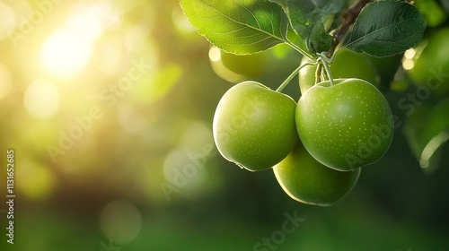 Branch of a fruit-laden apple tree, green apples with natural imperfections, soft focus farm background, organic growth and sustainability theme photo