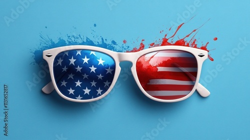 Patriotic sunglasses reflecting American flag with colorful splashes on a cheerful blue background