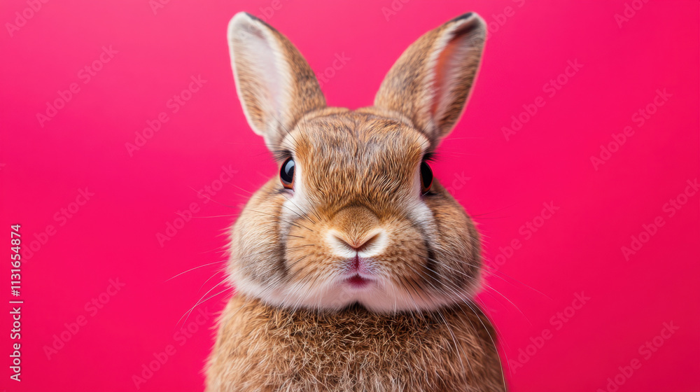 Fototapeta premium Grumpy rabbit portrait against pink background - expressive animal mood