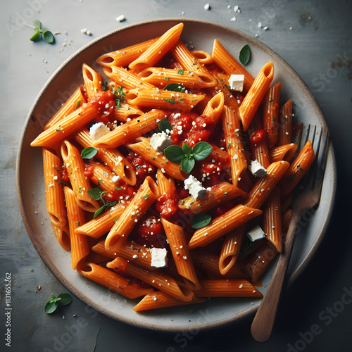 Product luxury with penne arrabbiata in professional design setting
