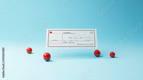 Lottery jackpot cheque with red balls on blue background - concept of luck and fortune photo