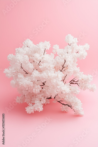 Soft white flowers are artistically placed on a light pink backdrop, creating a gentle and calming atmosphere