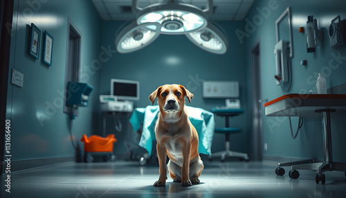 The dog waiting to receive a surgery at the animal clinic. (Medicine, canine, operation, health concept) isolated with white highlights, png photo