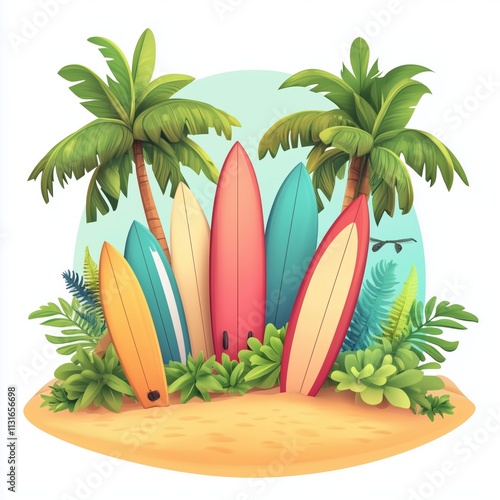 Sunny Beach Days: Surfboards, Palms, And Tropical Paradise By The Sea Coast With Sandy Beach, Palm Trees, And Calm Waters.