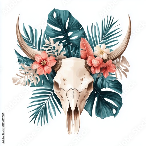 Bohemian Cow Skull And Palm Leaves: Western Deer Mammals In Tropical Boho Decoration Print With Antlers, Flowers, And Feathers On White Background - Aloha