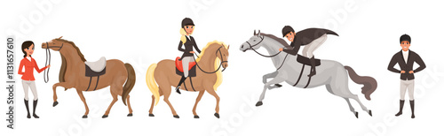 Equestrian Sport with Man and Woman on Horse Back Vector Set