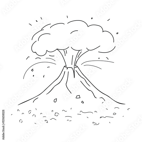 A sketch of a volcano erupting with smoke and ash. The background is white. Drawn by hand on a white background