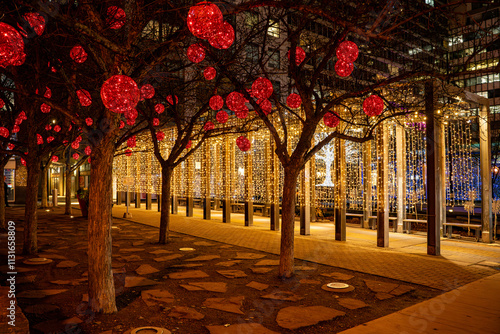 Photography Yorkville Toronto seasonal holiday decorations with lights.