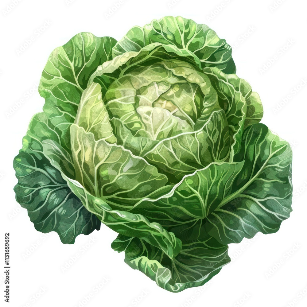 Fototapeta premium Close up of a fresh organic green cabbage head with vibrant leaves and lush foliage The image showcases the natural beauty and nutritional value of this versatile vegetable