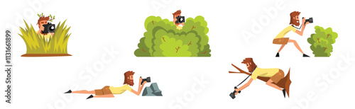 Man Photographer Taking Photos Using Professional Equipment Vector Set