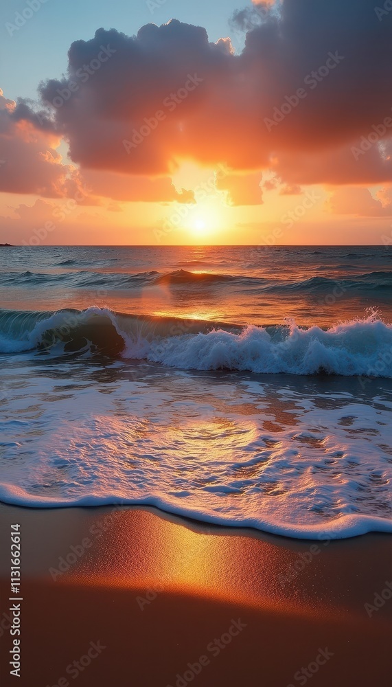 Naklejka premium ocean sunset with waves gently lapping against a sandy shore