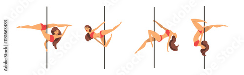 Woman Character Pole Dancer Engaged in Choreography and Fitness Activity Vector Set