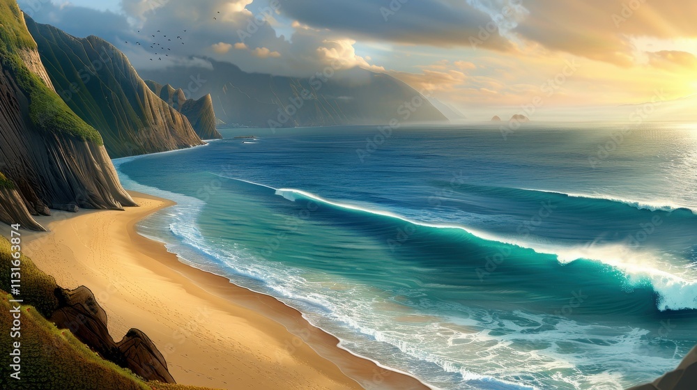 Obraz premium Enjoy stunning coastal views with rocky cliffs, vibrant sunsets, and the soothing sound of ocean waves at this perfect summer getaway.