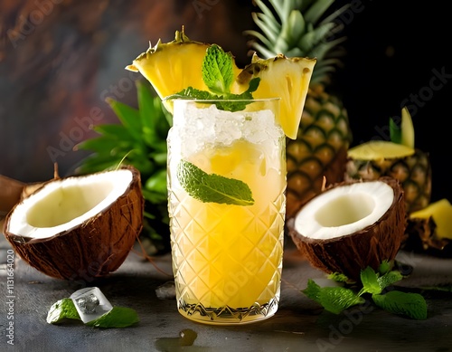 A tropical mojito made with pineapple, coconut, and mint leaves photo