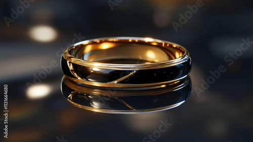 Elegant gold ring with black accents on reflective surface. Resonance. Illustration photo