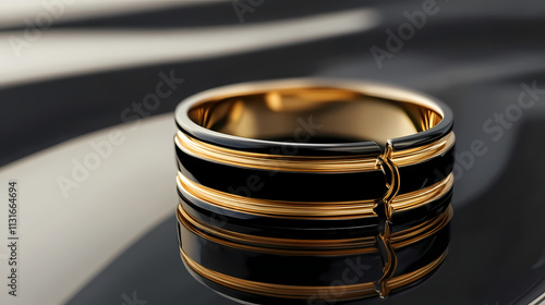 Elegant gold ring with black accents on reflective surface. Resonance. Illustration photo