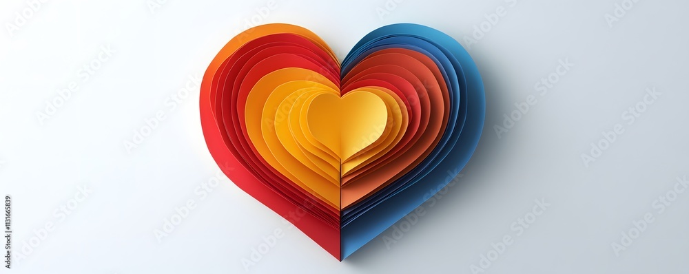 Fototapeta premium A vibrant, heart-shaped design crafted from layered paper, showcasing a blend of warm colors like red, orange, and yellow, merging with cool shades of blue