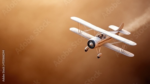 Vintage biplane flies through sepia-toned sky photo