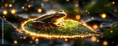 Detailed vibrant frog on a glowing leaf, surrounded by magical plants and golden light filtering through the trees, the forest floor glowing faintly with enchantment
