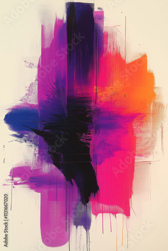 Photographie d'un tableau abstrait avec couleurs vives et formes dynamiques, encadré dans un cadre noir simple, sur fond blanc