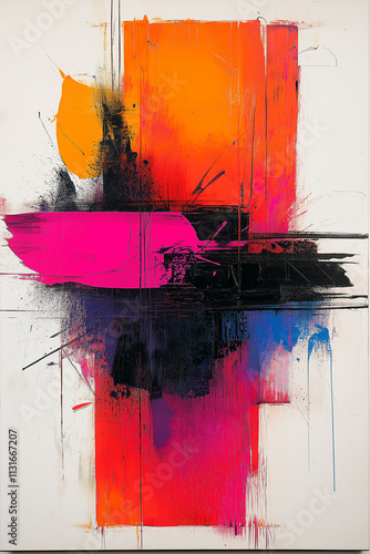 Photographie d'un tableau abstrait avec couleurs vives et formes dynamiques, encadré dans un cadre noir simple, sur fond blanc