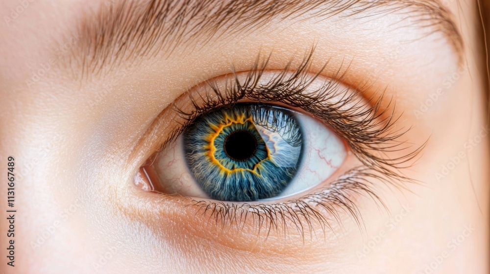 Obraz premium The close up zoomed image captures the intricate patterns of the human blue eye, showcasing its depth and beauty in stunning realism.