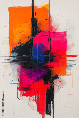 Photographie d'un tableau abstrait avec couleurs vives et formes dynamiques, encadré dans un cadre noir simple, sur fond blanc