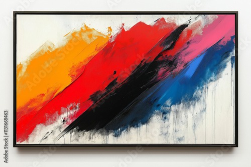 Photographie d'un tableau abstrait avec couleurs vives et formes dynamiques, encadré dans un cadre noir simple, sur fond blanc