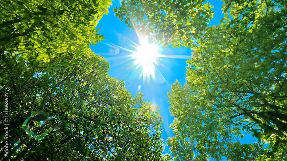 The camera looks up at the sun shining through the trees in a forest.