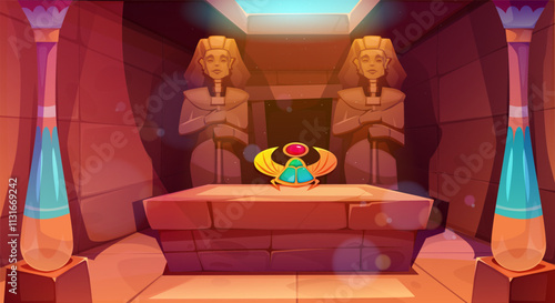 Ancient Egyptian pyramid interior. Pharaoh tomb with stone sarcophagus decorated with golden crown. Old temple room with traditional Egyptian statues. Cartoon vector illustration